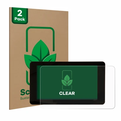Front side of a product packaging with the brand logo ScreenLeaf. Next to it is the device Raspberry Pi Touchscreen 7" shown w