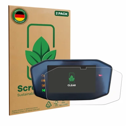 Front side of a product packaging with the brand logo ScreenLeaf. Next to it is the device KTM 690 Duke 2016 shown with the co