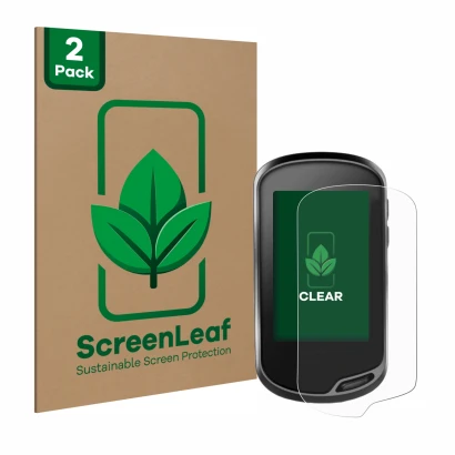 Front side of a product packaging with the brand logo ScreenLeaf. Next to it is the device Garmin Oregon 700 shown with the co