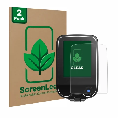 Front side of a product packaging with the brand logo ScreenLeaf. Next to it is the device Freestyle Libre shown with the corr