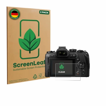 Front side of a product packaging with the brand logo ScreenLeaf. Next to it is the device Olympus OM-D E-M1 Mark II shown wit