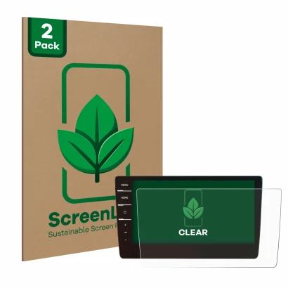 Front side of a product packaging with the brand logo ScreenLeaf. Next to it is the device Volkswagen Golf 7 Discover Pro 9.2"
