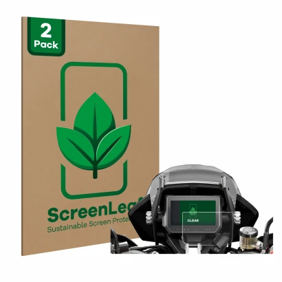 Front side of a product packaging with the brand logo ScreenLeaf. Next to it is the device KTM 1290 Super Adventure S 2017 Spe