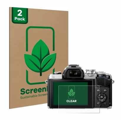 Front side of a product packaging with the brand logo ScreenLeaf. Next to it is the device Olympus OM-D E-M10 Mark III shown w