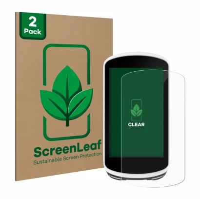 Front side of a product packaging with the brand logo ScreenLeaf. Next to it is the device Garmin Edge 1030 shown with the cor