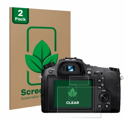 Front side of a product packaging with the brand logo ScreenLeaf. Next to it is the device Sony Cyber-Shot DSC-RX10 IV shown w