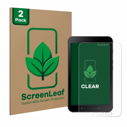 Front side of a product packaging with the brand logo ScreenLeaf. Next to it is the device Samsung Galaxy Tab Active 2 shown w