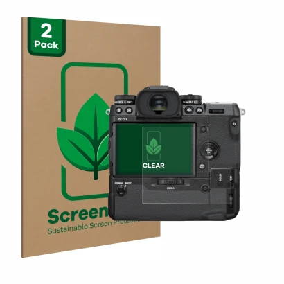 Front side of a product packaging with the brand logo ScreenLeaf. Next to it is the device Fujifilm X-H1 shown with the corres