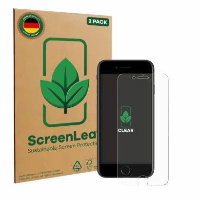 Front side of a product packaging with the brand logo ScreenLeaf. Next to it is the device Apple iPhone SE 2 2020 shown with t