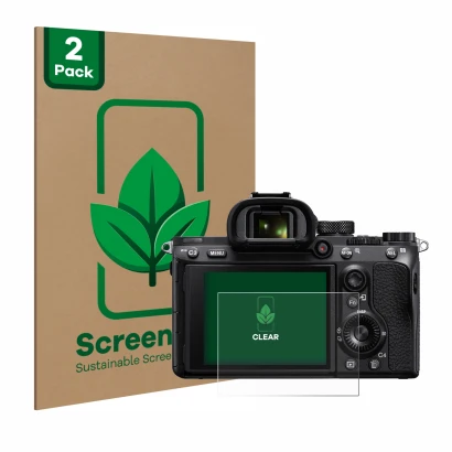 Front side of a product packaging with the brand logo ScreenLeaf. Next to it is the device Sony Alpha 7 III (ILCE-7M3) shown w