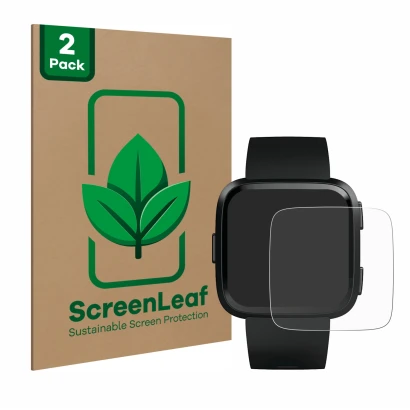 Front side of a product packaging with the brand logo ScreenLeaf. Next to it is the device Fitbit Versa shown with the corresp