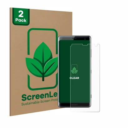 Front side of a product packaging with the brand logo ScreenLeaf. Next to it is the device Sony Xperia XZ3 shown with the corr