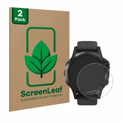 Front side of a product packaging with the brand logo ScreenLeaf. Next to it is the device Garmin Fenix 5 Plus (47 mm) shown w