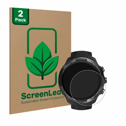 Front side of a product packaging with the brand logo ScreenLeaf. Next to it is the device Suunto 9 shown with the correspondi