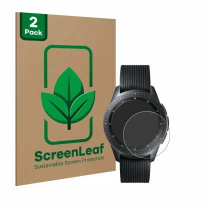 Front side of a product packaging with the brand logo ScreenLeaf. Next to it is the device Samsung Galaxy Watch (42 mm) shown 