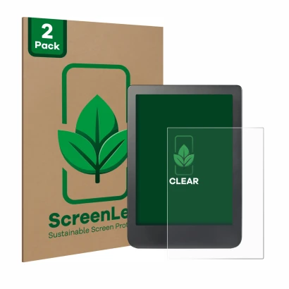 Front side of a product packaging with the brand logo ScreenLeaf. Next to it is the device Kobo Clara HD (6") shown with the c