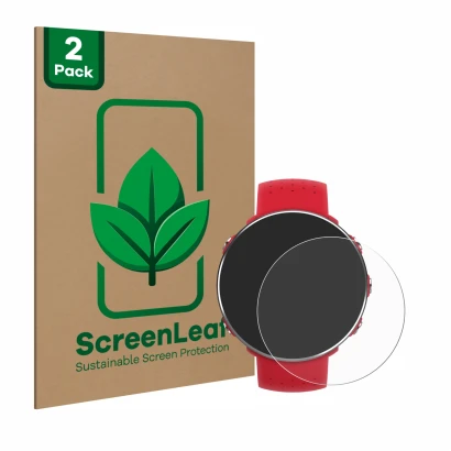 Front side of a product packaging with the brand logo ScreenLeaf. Next to it is the device Polar Vantage M shown with the corr