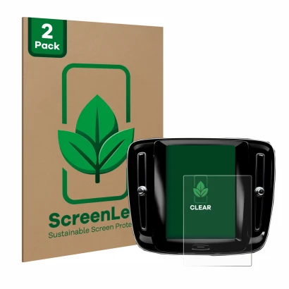 Front side of a product packaging with the brand logo ScreenLeaf. Next to it is the device Volvo XC40 Sensus Connect 8.7" 2018