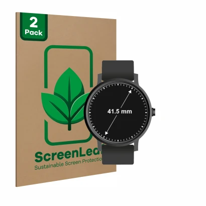 Front side of a product packaging with the brand logo ScreenLeaf. Next to it is the device Watches (Circular, ø: 41.5 mm) show