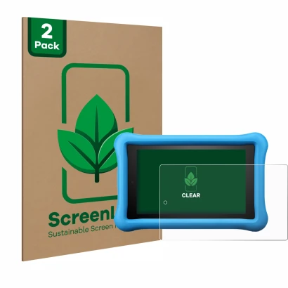 Front side of a product packaging with the brand logo ScreenLeaf. Next to it is the device Amazon Fire HD 8 Kids Edition 2018 
