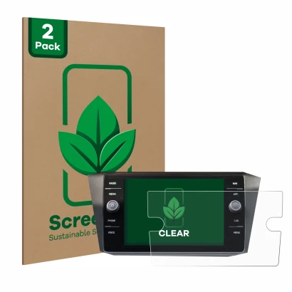 Front side of a product packaging with the brand logo ScreenLeaf. Next to it is the device Volkswagen Tiguan Discover Media 8"