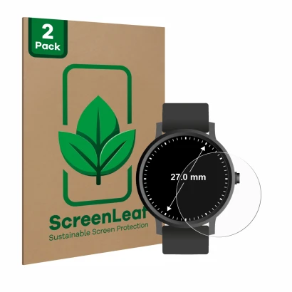 Front side of a product packaging with the brand logo ScreenLeaf. Next to it is the device Circular Displays (ø: 27 mm) shown 