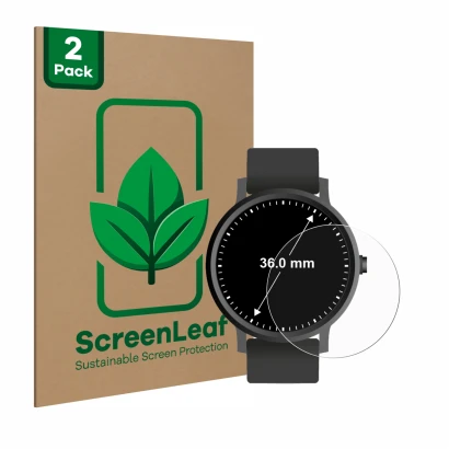Front side of a product packaging with the brand logo ScreenLeaf. Next to it is the device Circular Displays (ø: 36 mm) shown 