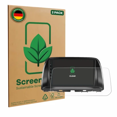 Front side of a product packaging with the brand logo ScreenLeaf. Next to it is the device Mazda CX-5 2017 Infotainment System