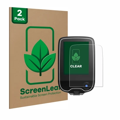 Front side of a product packaging with the brand logo ScreenLeaf. Next to it is the device Freestyle Libre 2 shown with the co