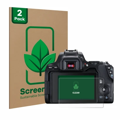 Front side of a product packaging with the brand logo ScreenLeaf. Next to it is the device Canon EOS 250D shown with the corre