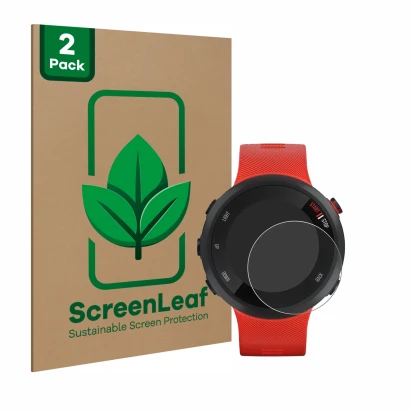 Front side of a product packaging with the brand logo ScreenLeaf. Next to it is the device Garmin Forerunner 45 shown with the