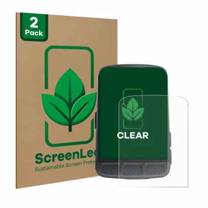 Front side of a product packaging with the brand logo ScreenLeaf. Next to it is the device Wahoo Elemnt Roam shown with the co