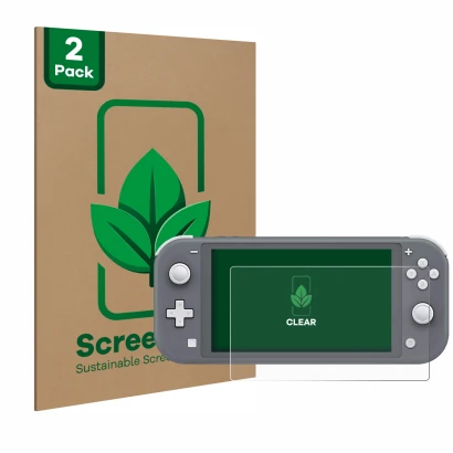 Front side of a product packaging with the brand logo ScreenLeaf. Next to it is the device Nintendo Switch Lite shown with the