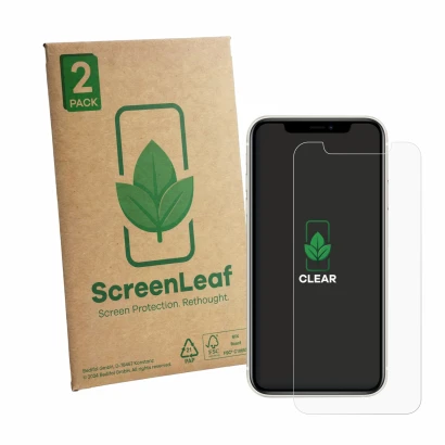 Front side of a product packaging with the brand logo ScreenLeaf. Next to it is the device Apple iPhone 11 shown with the corr