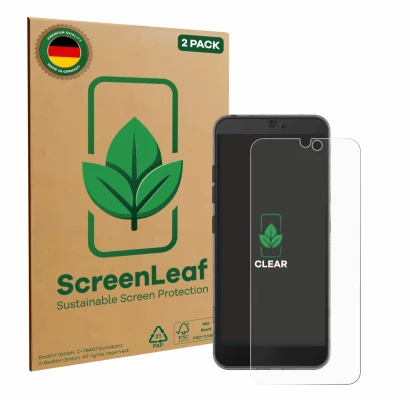 Front side of a product packaging with the brand logo ScreenLeaf. Next to it is the device Fairphone 3 shown with the correspo