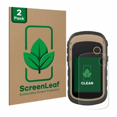 Front side of a product packaging with the brand logo ScreenLeaf. Next to it is the device Garmin eTrex 32x shown with the cor