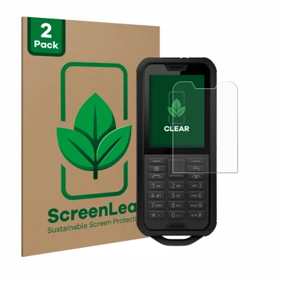 Front side of a product packaging with the brand logo ScreenLeaf. Next to it is the device Nokia 800 Tough shown with the corr
