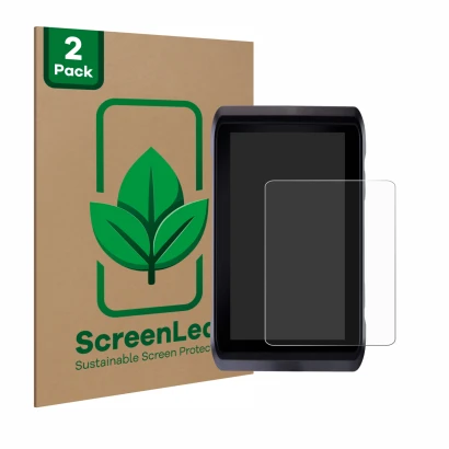 Front side of a product packaging with the brand logo ScreenLeaf. Next to it is the device Atomos Shogun 7 shown with the corr