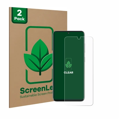 Front side of a product packaging with the brand logo ScreenLeaf. Next to it is the device Samsung Galaxy S20 shown with the c
