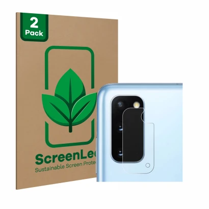 Front side of a product packaging with the brand logo ScreenLeaf. Next to it is the device Samsung Galaxy S20 (ONLY Camera Len