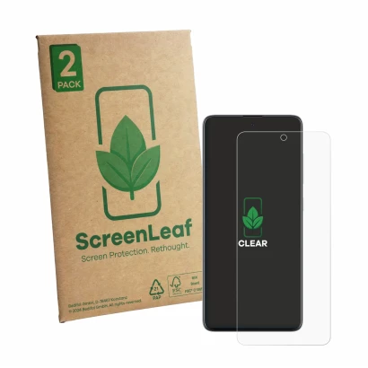Front side of a product packaging with the brand logo ScreenLeaf. Next to it is the device Samsung Galaxy A51 shown with the c