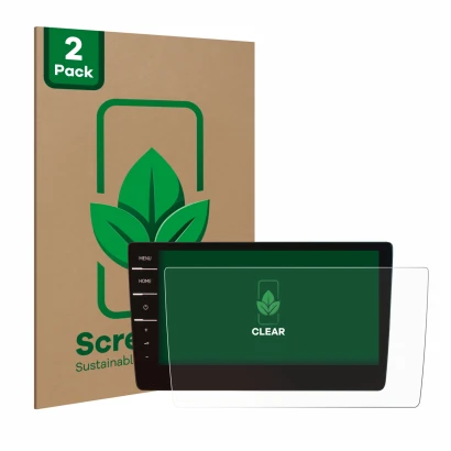 Front side of a product packaging with the brand logo ScreenLeaf. Next to it is the device Volkswagen Tiguan Allspace 2019 Dis
