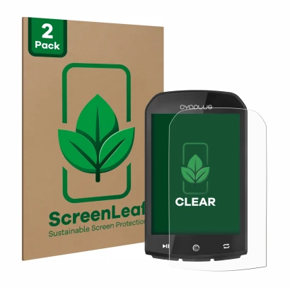 Front side of a product packaging with the brand logo ScreenLeaf. Next to it is the device Cycplus M1 2.9" shown with the corr