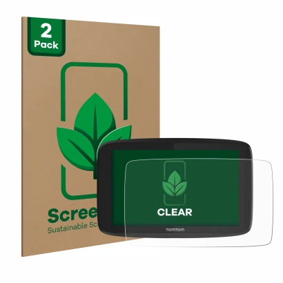 Front side of a product packaging with the brand logo ScreenLeaf. Next to it is the device TomTom Go Professional 620 shown wi