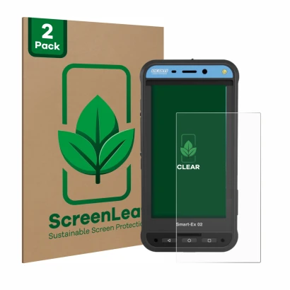 Front side of a product packaging with the brand logo ScreenLeaf. Next to it is the device Ecom Smart-Ex 02 DZ1 shown with the