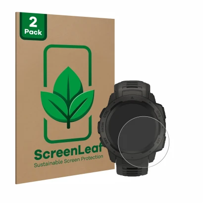 Front side of a product packaging with the brand logo ScreenLeaf. Next to it is the device Garmin Instinct Solar shown with th
