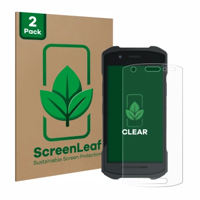 Front side of a product packaging with the brand logo ScreenLeaf. Next to it is the device Zebra TC21 shown with the correspon