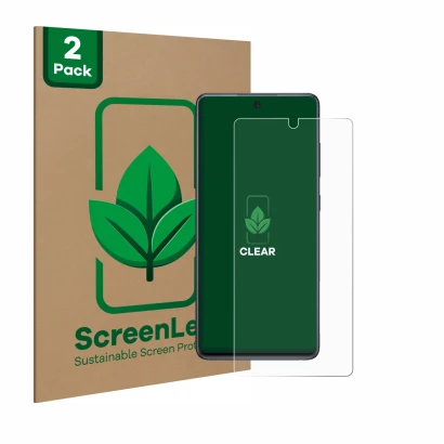 Front side of a product packaging with the brand logo ScreenLeaf. Next to it is the device Samsung Galaxy S20 FE shown with th