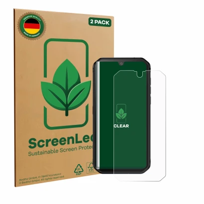 Front side of a product packaging with the brand logo ScreenLeaf. Next to it is the device Blackview BV9900E shown with the co