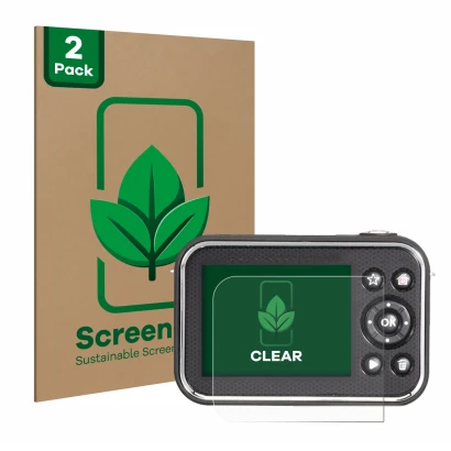 Front side of a product packaging with the brand logo ScreenLeaf. Next to it is the device Vtech Kidizoom Video Studio HD show
